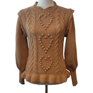 Chicwish Womens NWT Size S/M? Brown Bobble Hearts Cable Knit Ruffle Hem Sweater